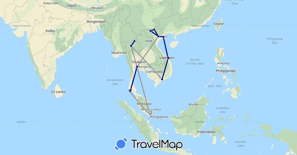TravelMap itinerary: driving, plane in Singapore, Thailand, Vietnam (Asia)